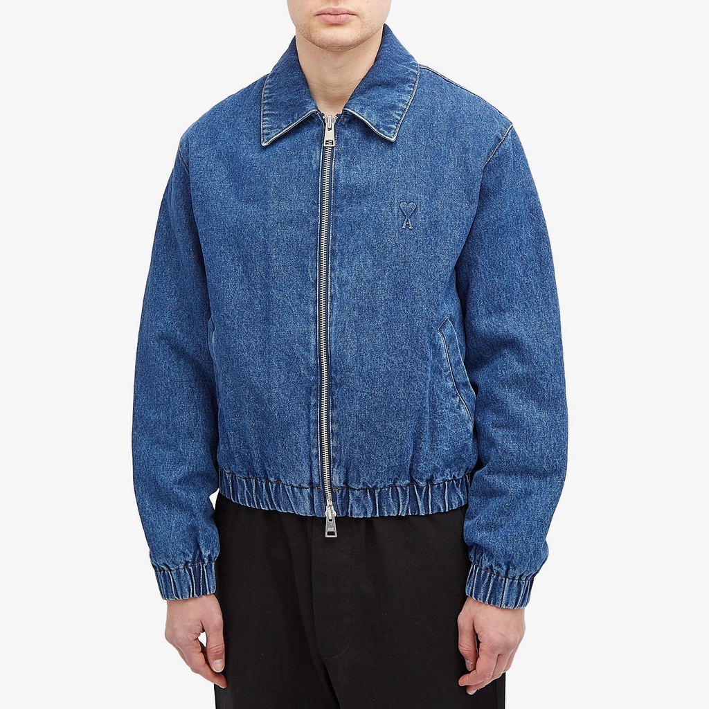 AMI Paris Men's Zipped Denim Bomber Jacket Blue